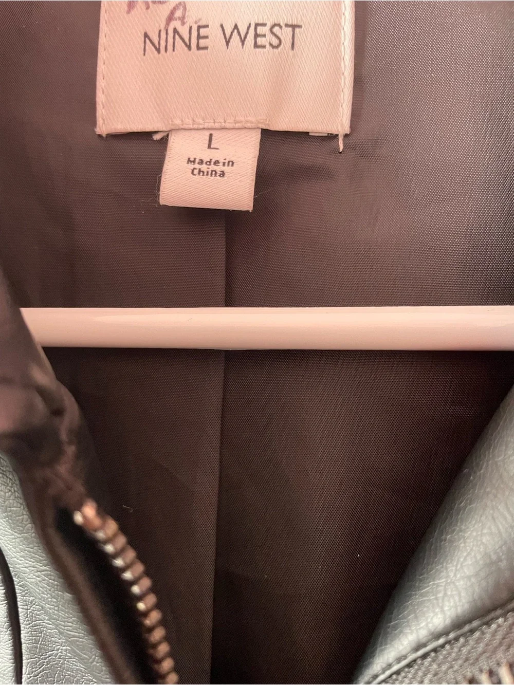 Nine West Black Faux Leather Bomber Jacket with Zip Pockets L
